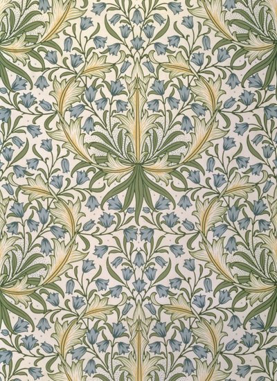 Papier peint avec petites fleurs bleues dans un grand feuillage vert conçu par William Morris (1834-96) - William Morris